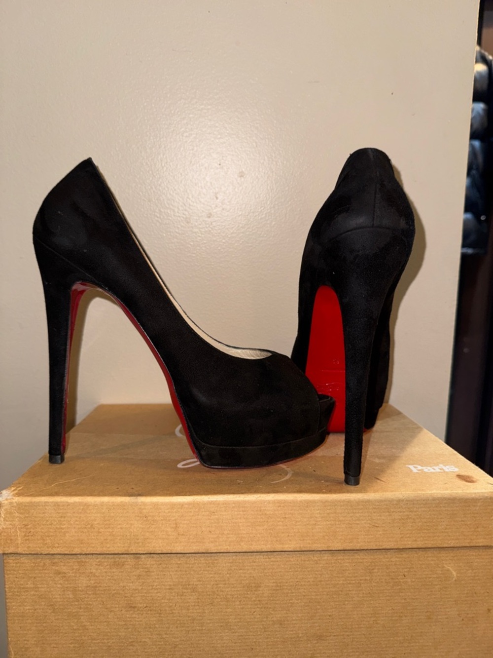 Christian Louboutin Black Suede Platform Peep-Toe Pumps with Red Sole